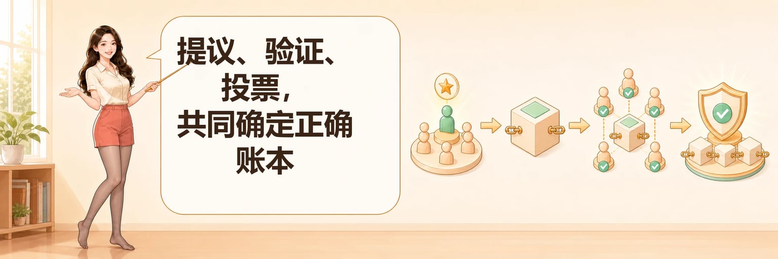 验证者通过提议、验证和投票共同确定正确账本