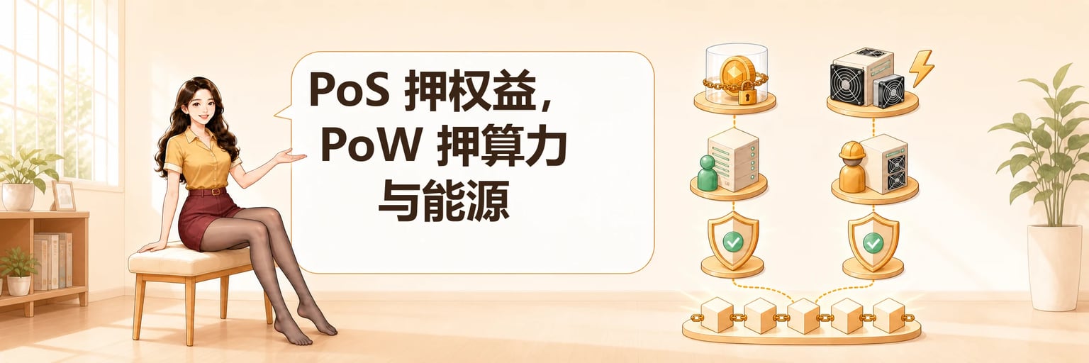 PoS 使用权益和验证者而 PoW 使用算力、设备与能源