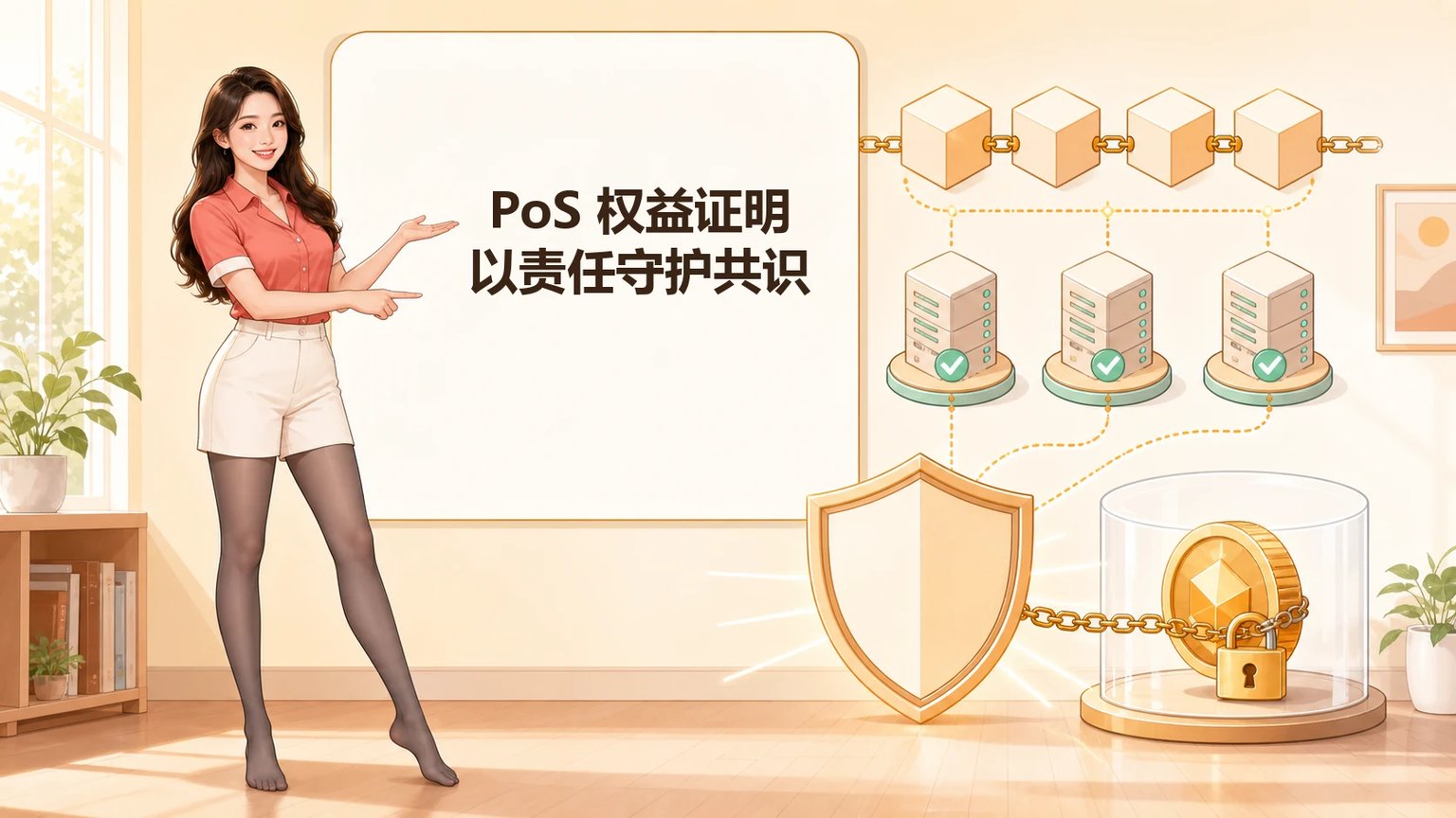 成年女性讲解员用质押代币、验证者与盾牌介绍 PoS 权益证明